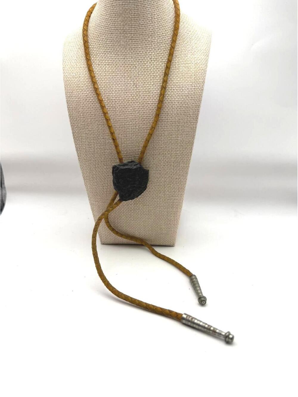 Vintage Braided Leather Bolo Tie with Black Stone Slide - Picture 3 of 7